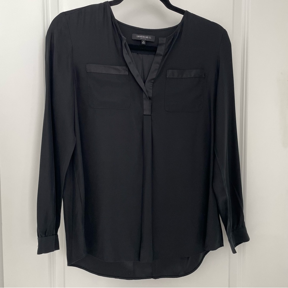Lafayette 148 100% Silk Long Sleeve Blouse Size 4 Petite Black Luxury Office.  1